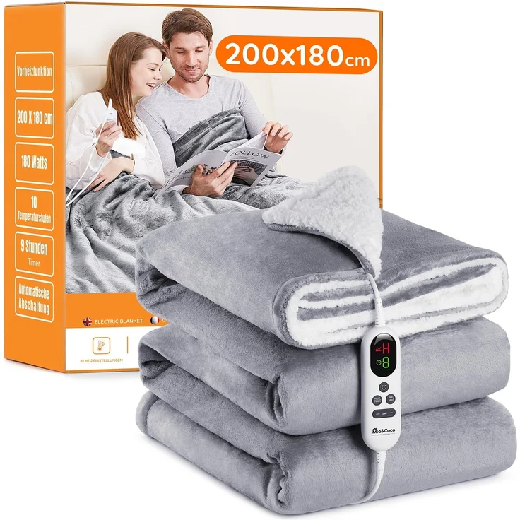 Heizdecke mit Abschaltautomatik, 200x180 cm 10 Heizstufen 1~9 Stunden Auto-Off-Timer Überhitzungsschutz, Elektrische Wärmedecke Bett Wärme Decke ETL für Home & Office Schnelle Flanell Waschbar Grau