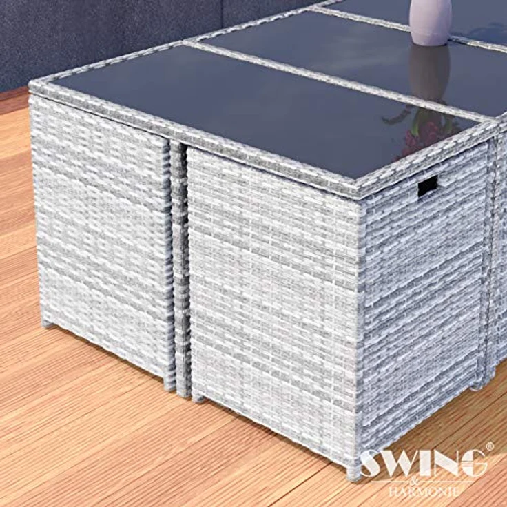 Swing&Harmonie Garten-Essgruppe Poly Rattan Sitzgruppe Esstisch Lounge Gartenmöbel, (Sitzgarnitur, Tisch, Stühle, Hocker Garnitur Set) – Bild 6
