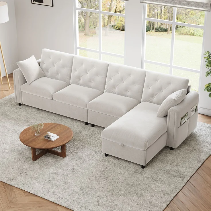 EINHOM Moderns sofa mit Stauraum im Eckbereich , L-förmiger Stauraum im Eckbereich links und rechts verstellbar, Seitliche Armlehnen mit Magazintaschen, Rückenlehne mit Knopfheftung. Beige. (281 x 86 x 71 cm) – Bild 5