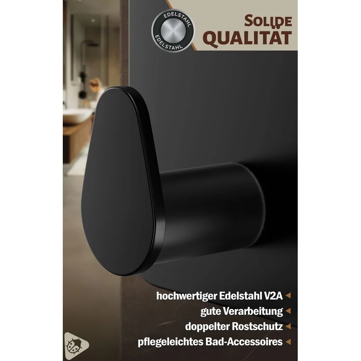 Lindenstein Ovale Klebehaken 6er-Set Schwarz – Edelstahl V2A, 3M-Klebepads – Bild 5