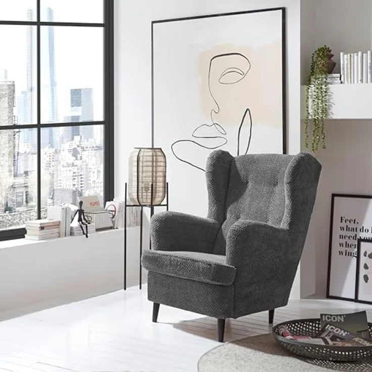 Stella Trading Oskar Ohrensessel mit geknöpfter Polsterung, Anthrazit - Vintage Wohnzimmer Sessel mit Massivholz Füßen - 78 x 102 x 98 cm (B/H/T) – Bild 3