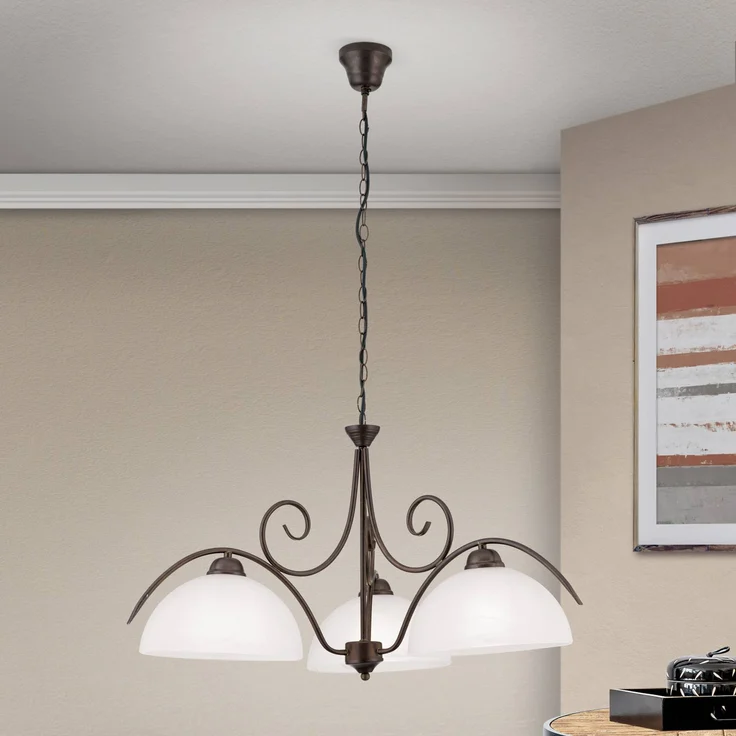 Orion Marco, 3-flammige Hängeleuchte im Landhausdesign mit antik-braunem Eisen und Alabasterglas