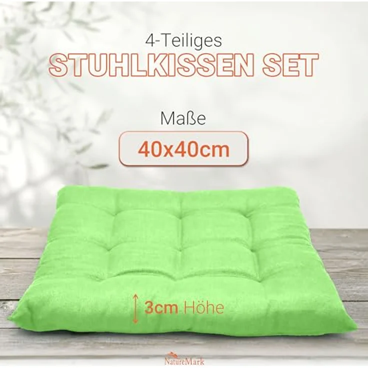 NatureMark 4er Set Stuhlkissen mit Bändern Gr. 40x40 cm Sitzkissen gefüllt, Apfel grün – Bild 3