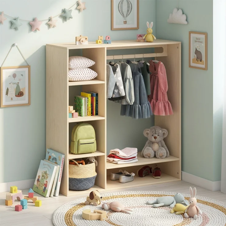Bellabino 'Tea' Kindergarderobe, natur unbehandelt, Sperrholz Birke, 114x40x105 cm, Kinderkleiderschrank mit Kleiderstange und 6 Ablagefächern – Bild 2