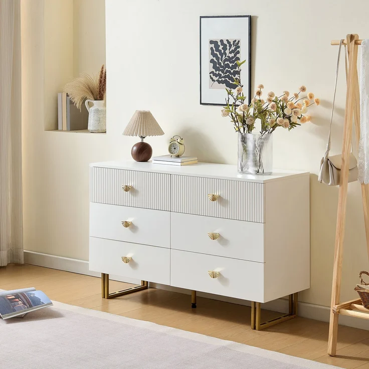 Sideboard Weiß MDF 120 x 40 x 75 cm mit 6 Schubladen, modern, Metallbeine, Aufbewahrungsschrank Wohnzimmer – Bild 5