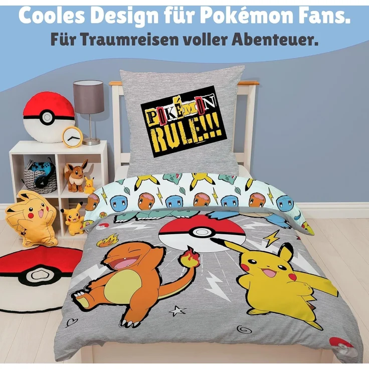Flanell-Bettwäsche Pokemon Rock 135x200 80x80 cm in Grau mit Pikachu, Glumanda, Shiggy und Bisasam aus 100% Baumwolle – Bild 3