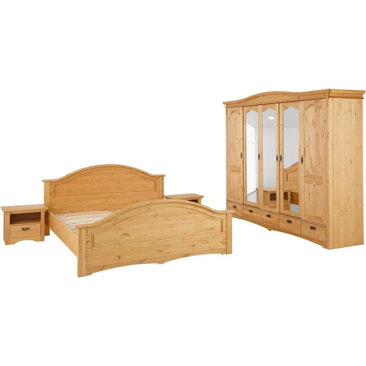 Home affaire Schlafzimmer-Set "Konrad", komplettes Schlafzimmer mit großem Schrank, (Set, 4-tlg, Kleiderschrank 5 türig mit Schubladen, 2 Nachttische, Bett 180x200cm), klassischer Landhausstil, Metallgriffe, Massivholz (Kiefer)