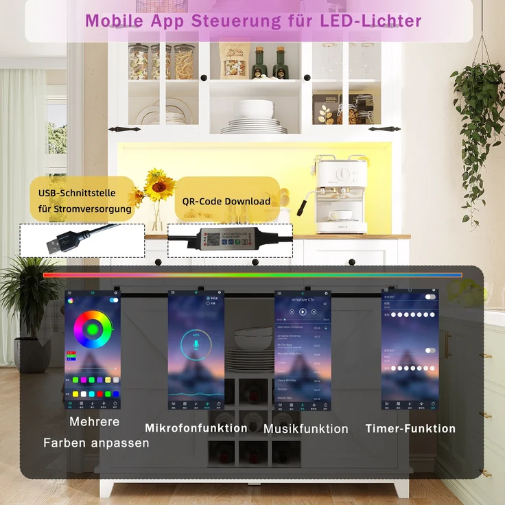 Hochschrank Küchenbuffet weiß mit LED-Beleuchtung & Musik-Sync, 105x38,4x180 cm – Bild 6