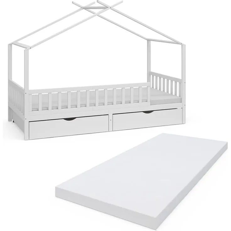 Hausbett Franka Weiß 90x200 cm mit 2 Schubladen und Matratze Vitalispa