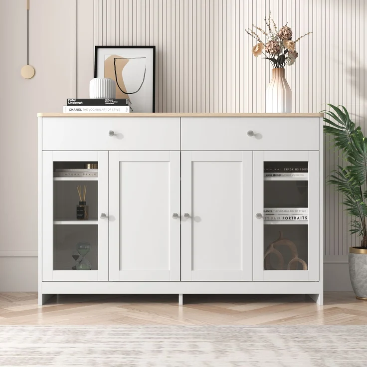 Abrihome Sideboard mit Holzoptik und Glastür im Landhausstil, Weiß, 80x37x120 cm – Bild 1