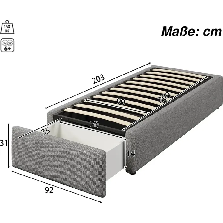 Futonbett mit Bettkasten, Lattenrost und Schublade, 90x200 cm, Bezug, Leinen – Bild 5