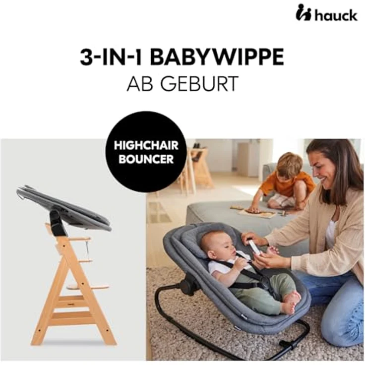 hauck 3in1 Babywippe für Alpha+, Beta+ & Arketa Holzhochstuhl, Ergonomische Babyliege für Babys ab Geburt bis 15 kg, mit 5-Punkt-Gurt, Sitzverkleinerer, Baumwollbezug (Dark Grey Melange) – Bild 3
