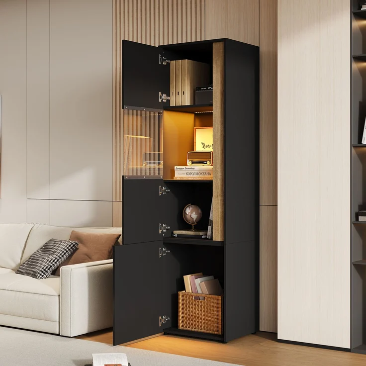 Vitrine, Aufbewahrungsmöbel, hoher Schrank mit LED-Beleuchtung, 2 Türen (eine davon aus Acryl). Geeignet für Wohnzimmer, Büros und Küchen. Schwarz+Natural. Maße: B50 x T40 x H179 cm. – Bild 3