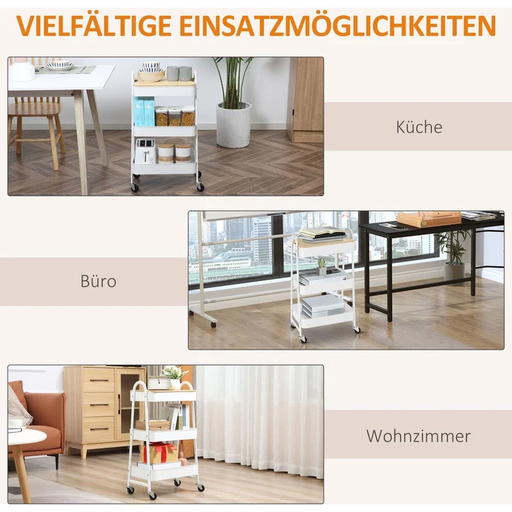 Servierwagen mit 3 Ebenen Küchenwagen mit Rollen Griff Küchenregal mit Korb und Deckel Rollwagen Allzweckwagen für Küche Büro Badezimmer, Weiß--Weiß--45x31x79.4cm--YOUDENOVA – Bild 9