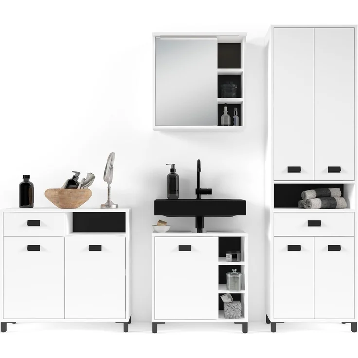 byLIVING Badezimmer Spiegelschrank WELLNESS mit LED-Beleuchtung & Steckdose / Moderner, 1-türiger Spiegel Hängeschrank in Melamin weiß / Wandschrank mit Spiegeltür / B 60, H 61, T 28 cm – Bild 7