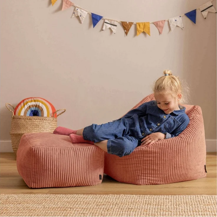 Icon Natalia Sitzsack Kinder mit Hocker, Rosa, Flauschiger Cord Stoff, Sitzsack Cord mit Füllung, Bequemer Kinder Sessel, Kuschelsessel, Lese Sessel, Schlafzimmer, Kinderzimmer, Spielzimmer – Bild 2