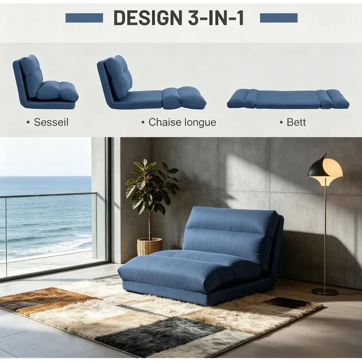 Wohnora-Dunkelblauer verstellbarer Boden-Lazy-Sessel 70x72x56cm, wandelbar zum Liegesofa mit 90°–180° Neigfunktion aus weichem Stoff,H 56cm x T 70cm x B 72cm,Blau