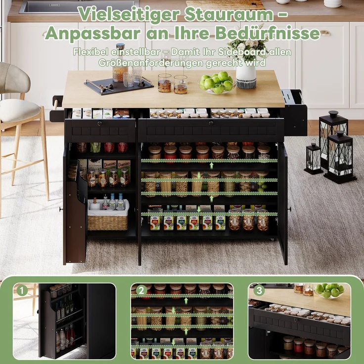 Merax Kücheninsel mit klappbarer Arbeitsplatte, Küchenschrank auf 6 feststellbaren Rollen, mit Ablage, Türregal, 2 großen Schubladen und Schrank, Schwarz, 137 x 89,5 x 45 cm – Bild 2