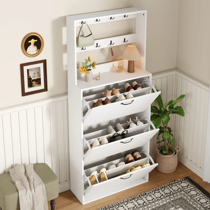 ZUBALIYA Schuhschrank (70 x 25 x 163 cm), 3 Türen, Lamellengestaltung, Aufbewahrung für Schuhe, Hausschuhe und Schuhzubehör, Weiß – Bild 5