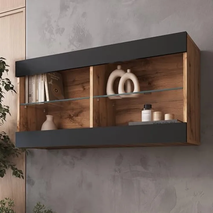 Komodee Hängevitrine Tivoli, Eiche Wotan Schwarz, Glas, 2 Fächer, 100x50x29.5 cm, optionale LED-Beleuchtung