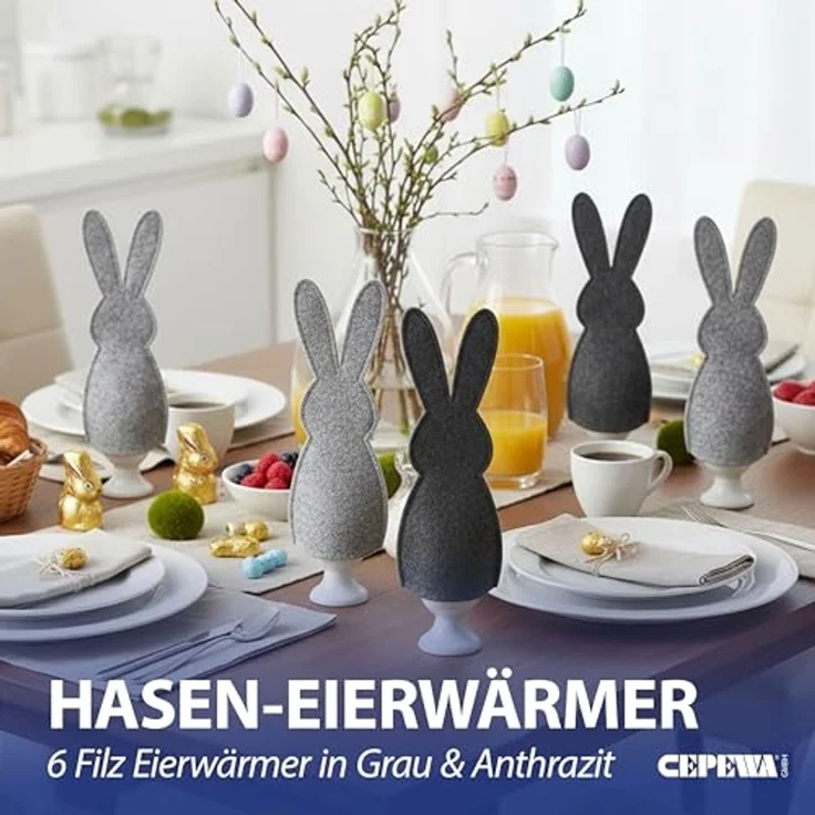 CEPEWA Eierbecher Eierwärmer Hase 6er Set Polyesterfilz grau anthrazit 10,5x23cm Ostern – Bild 3