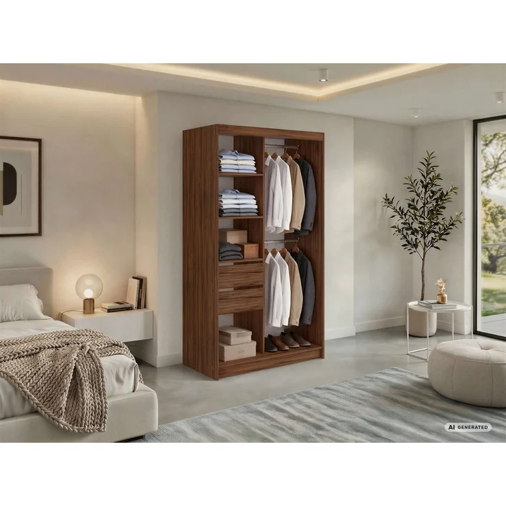 Schwebetürenschrank NAURU mit Lamellen-Optik, moderner Kleiderschrank, Breite 120 cm, inkl. Innenausstattung & Stauraum, Akustikpaneel-Design - Warmia-Nuss und Schwarz - mit Schubladen – Bild 3