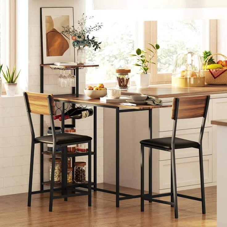 HOMCOM Bargruppe mit klappbar Küchentisch, Weinglashalter, Ablage, 2 Barstühlen, (Bartisch mit Barhocker Set, 3-tlg, Bartisch-Set), im Modern-Stil, für Esszimmer, Küche, Stahl, Braun – Bild 8