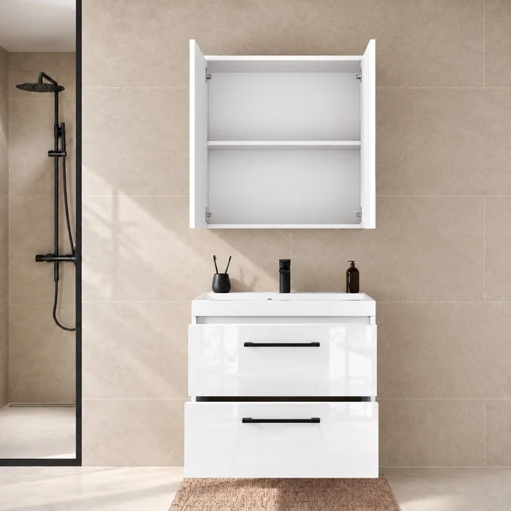 Badmöbel Komplettset Florence 60 x 35 cm Weiß Hochglanz - Badezimmermöbel mit Waschbecken und Spiegelschrank – Bild 5