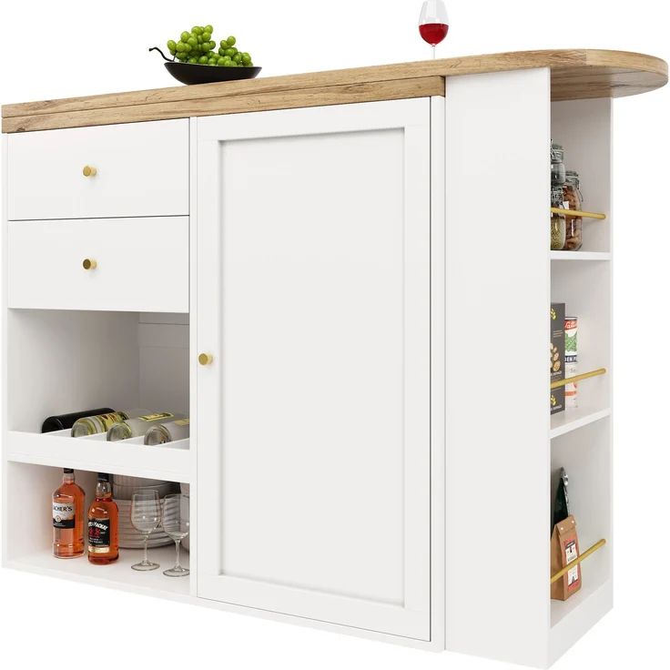 Drehbarer Bartisch (Hauptkörper 105 x 39 x 102 cm), mit 2 Schubladen und Schiebetürschrank, 3 Ebenen offener Stauraum, geeignet für Esszimmer/Arbeitszimmer/Wohnzimmer usw – Bild 8