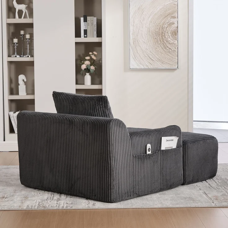 Sessel 147x110x67 cm Kordsamt Dunkelgrau mit Fußpedal und Seitentaschen, übergroßer gepolsterter Lesesessel – Bild 5