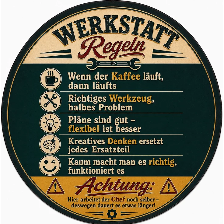 AstraDesign Blechschild Rund 30cm - Werkstatt Regeln Lustiger Schrauber Spruch Deko – Metall – Mehrfarbig – RD0018 – Bild 1