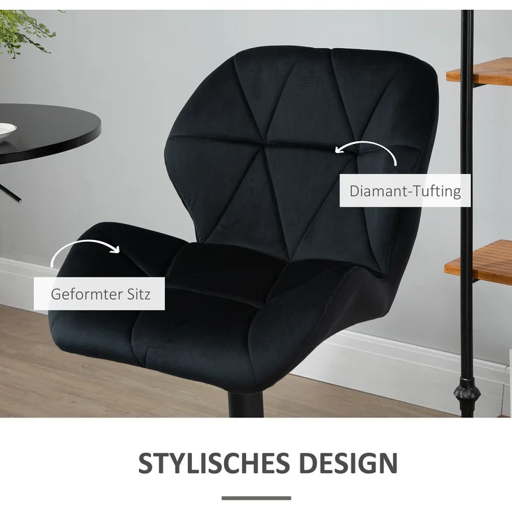 2er-Set Barhocker drehbare Barstühle mit Lehne höhenverstellbarer Bistrohocker Tresenhocker Samt Touch armloser Schaumstoff Schwarz 51,5x 57,5 ​​x 93-114,5 cm--Schwarz--93x57.5x51.5cm--YOUDENOVA – Bild 8