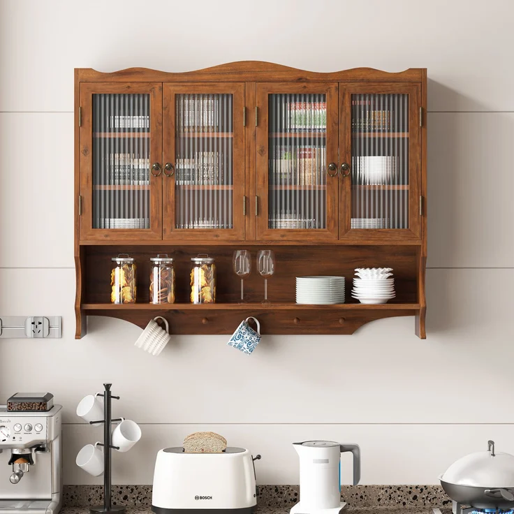 Abrihome Retro-Wandschrank mit 4 Türen und Haken, Braun, 100x20x80 cm – Bild 4
