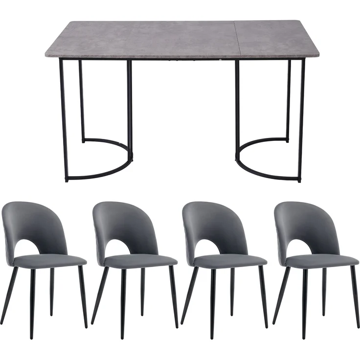 Essgruppe 5-teilig mit Grau Marmor-Optik Esstisch 140x80 cm & 4 grau Samt Esszimmerstühlen, Küchen Tischset – Bild 4