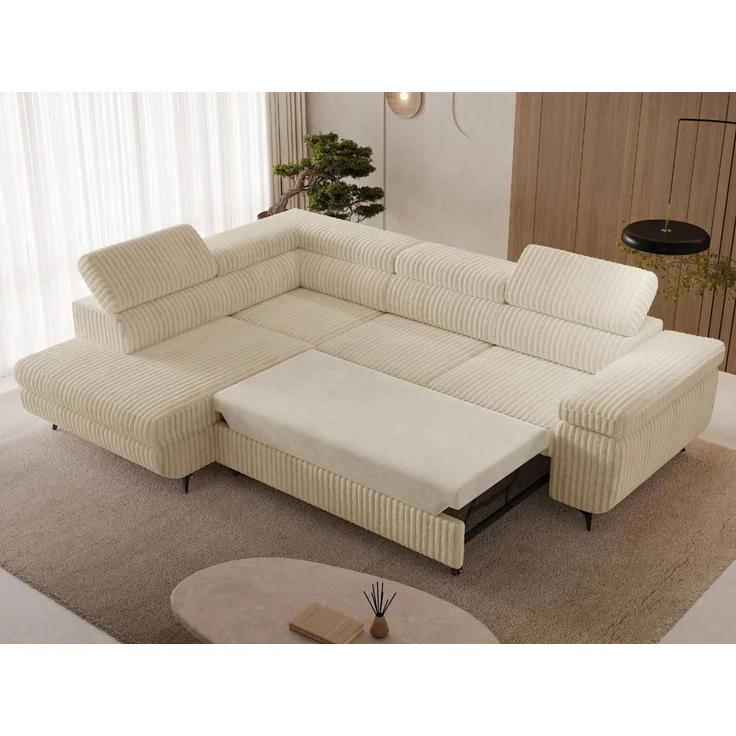 GRAINGOLD Ecksofa ARGON mit Bettfunktion, Bettkasten, Einstellbaren Kopfstützen, Cord-Stoff, Beige, Links – Bild 4
