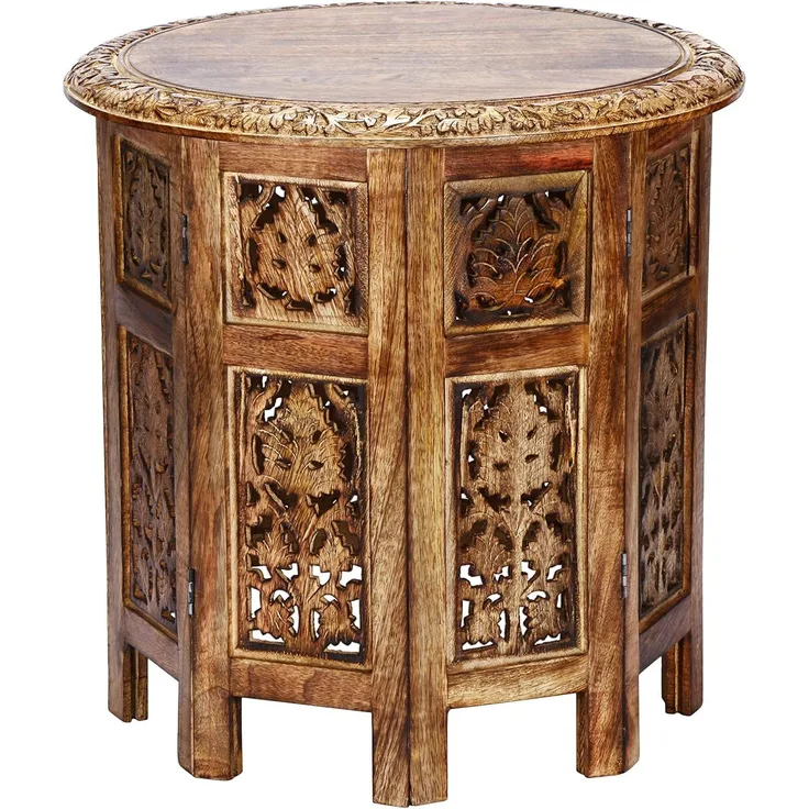 Marokkanischer Tisch Beistelltisch aus Holz Ashkar Braun ø 45cm groß rund | Orientalischer runder Hocker Blumenhocker orientalisch klein | Orientalische runde kleine Beistelltische klappbar