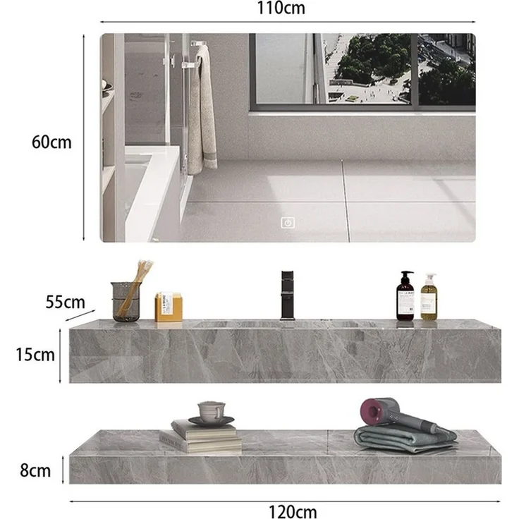 Muxing Badmöbel-Set mit Waschbecken, LED-Spiegel & Ablage, aus robustem Sinterstein, (Set, 3-St), grau, 120 cm – modernes Design, pflegeleicht & sofort einsatzbereit – Bild 3