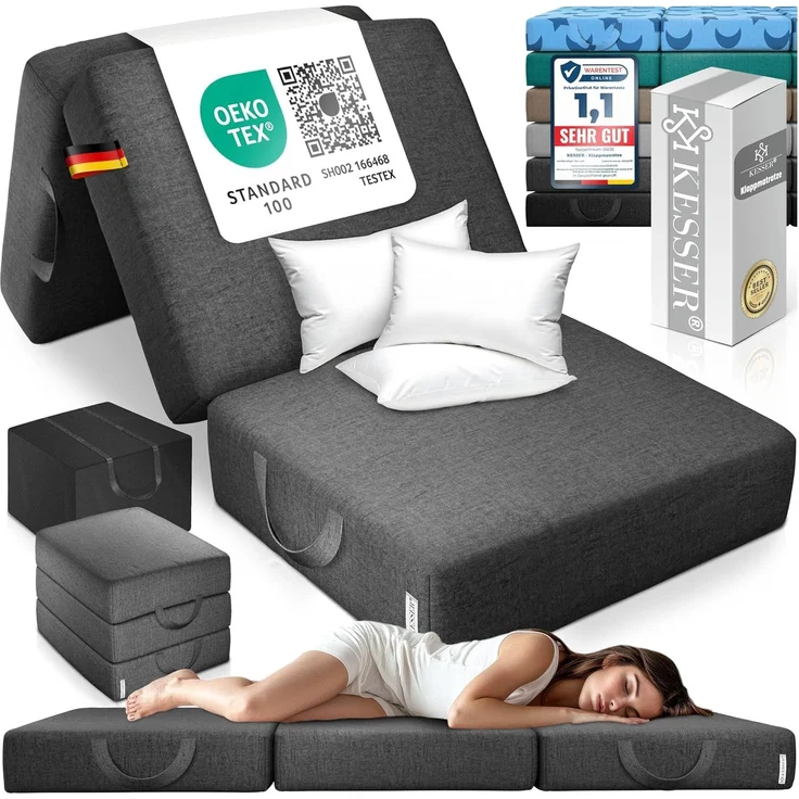 KESSER® Klappmatratze Gästematratze 3-fach Faltmatratze faltbar zum Sitzhocker | Schaumstoff 25kg/m³ extra dick 15cm atmungsaktiv waschbar abnehmbarer Bezug | Matratze inkl. Camping Tragetasche Anthrazit, 75 x 195 x 15 cm