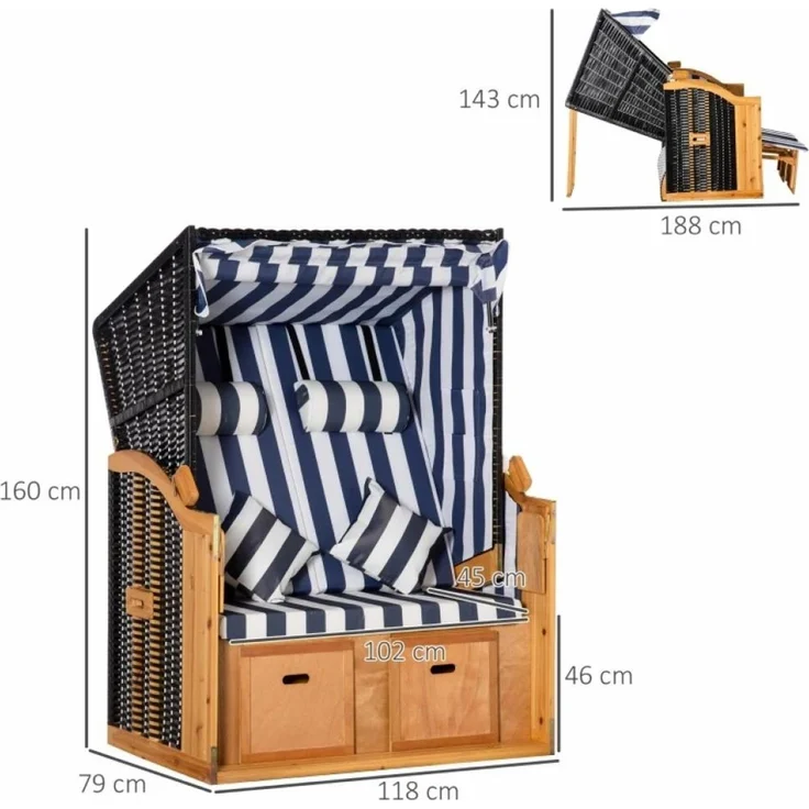 PureHaven Strandkorb 118 x 79 x 150 cm für 2 Personen inkl. Rücken- und Sitzkissen verstellbare Rückenlehne Klapptische und Fußstützen blau – Bild 5