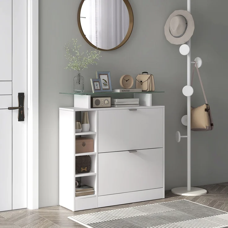 Schuhschrank mit 2 Klappschubladen für 12 Paar Schuhe, Glasablage und verstellbaren Einlegeböden, 89 x 25 x 92 cm, weiß – Bild 4