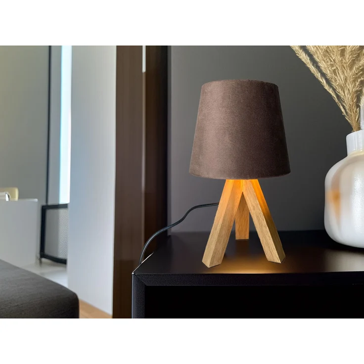 Tischlampe mit Dreibein aus Holz, Samtschirm Braun Gold, Höhe 27cm – Bild 5