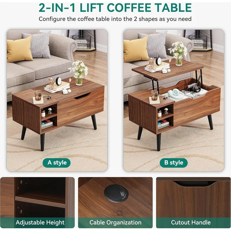 YITAHOME Couchtisch mit anhebbarer Platte und verstecktem Fach, verstellbare Ablagefläche, Federheber, Couchtisch mit Stauraum für Wohnzimmer, 80 x 40 x 61,5 cm, Rustikale Eiche – Bild 5