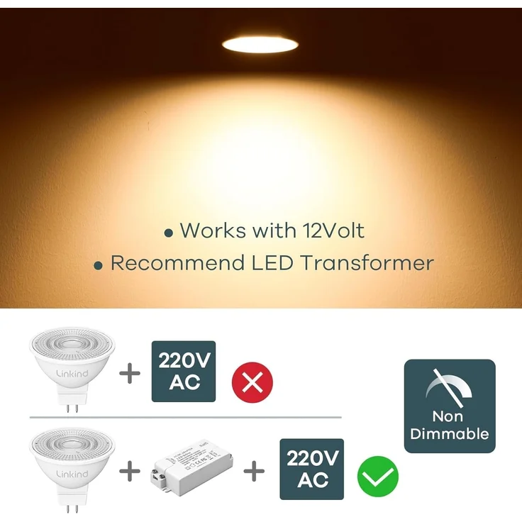 Linkind GU5.3 MR16 LED 5W Lampe 12V, 50 Watt ersetzt, 2700K Warmweiß 36° Abstrahlwinkel LED Spot MR16, 520Lm AC/DC 12Volt LED Leuchtmittel, Nicht dimmbar, 5 Stück – Bild 6