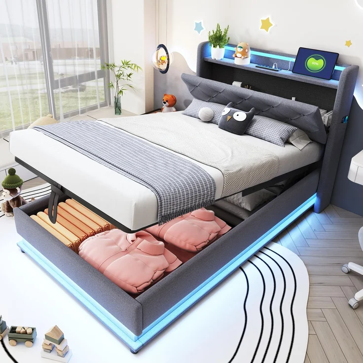 FAVSH Led Polsterbett 90x200CM mit Bettkasten, Bett mit Großer Stauraum & Lattenrost, Hydraulischer Doppelbett mit Lattenrost und Bettkasten USB-Ladeanschluss, Hautfreundlicher Leinenstoff (Grau)