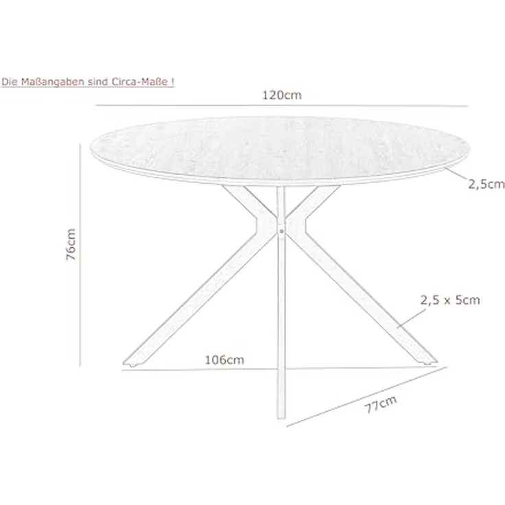 Hela Tische, Runder Esstisch Kindu, Dia 120 cm, Dekor Artisan Eiche, Schwarzes Metallgestell Vierkant, Platte mit Schweizer Kante, 76 cm Höhe – Bild 2