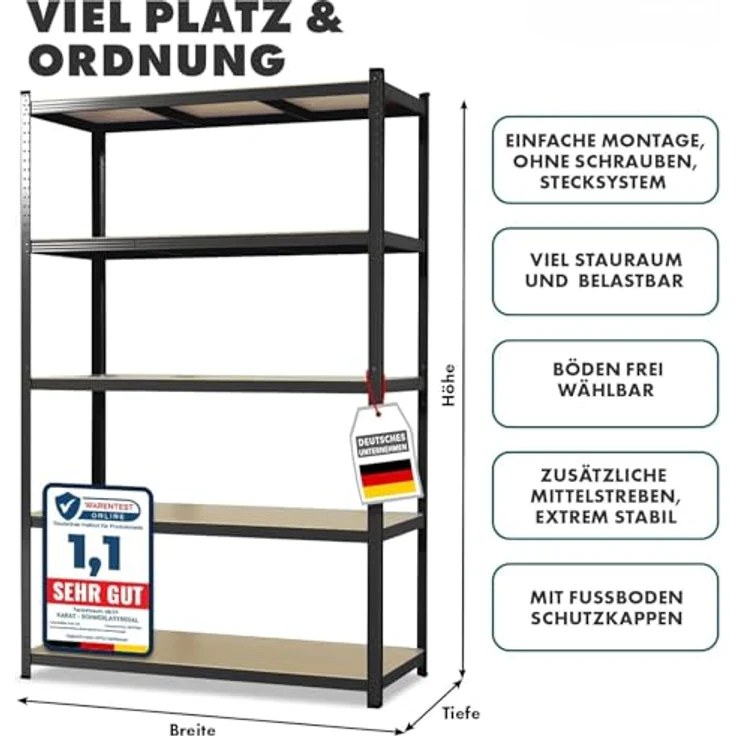 Floordirekt Schwerlastregal, 2er Set, schwarz 200 x 120 x 60 cm Steckregal, Kellerregal, Lagerregal, Werkstattregal, Werkbank - 5 verstellbare Böden (Lakota) – Bild 3