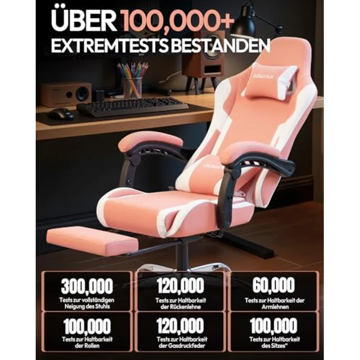 Dowinx Gaming Stuhl Bürostuhl Massage Gaming Sessel mit höhenverstellbaren Linkage-Armlehnen, ergonomischer Gamer Stuhl mit Fußstütze, gepolstert Gaming Chair 150° neigbar bis 180 kg, Rosa – Bild 6