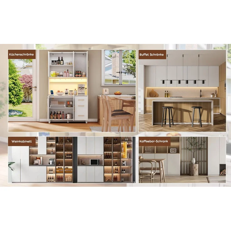 183cm Küchenanrichte, Buffet, App-gesteuerte LED-Deko-Lichter, 2 x USB, 2 x Steckdosen, verstellbare Einlegeböden, 3 Schubladen, goldene Metallgriffe, ideal für Küchen und Esszimmer. – Bild 7