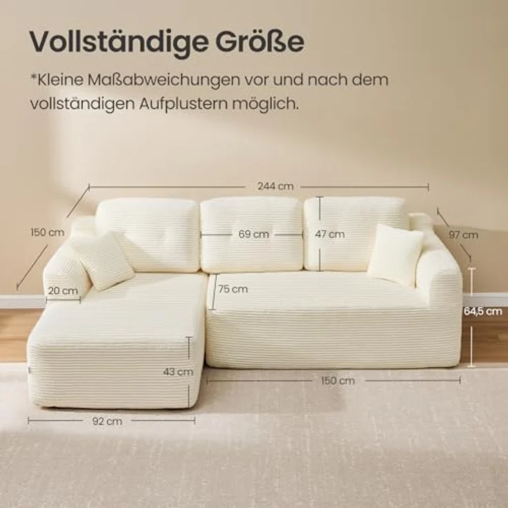 VASAGLE Ecksofa, modulares Sofa 244 cm breit, vakuumverpackt, Schlafsofa, Keine Montage erforderlich, mit großer Chaiselongue Links, für Wohnzimmer, Gästezimmer, cremeweiß LCS183WD01 – Bild 2