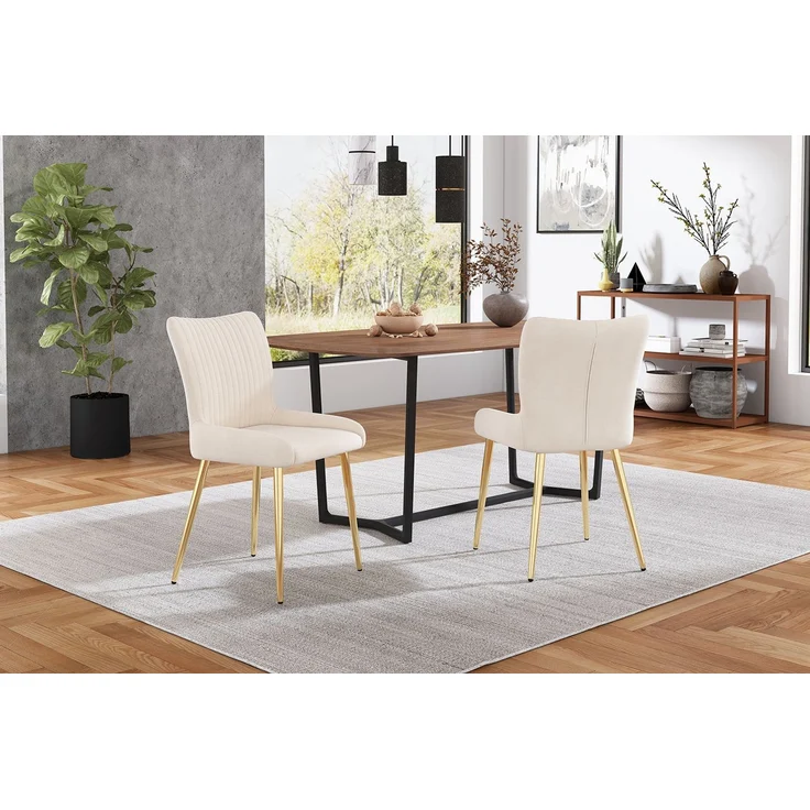 Esszimmerstuhl 2er-Set, Samt mit Metallgestell, Lounge-Design, 85x43x47, beige/gold – Bild 3